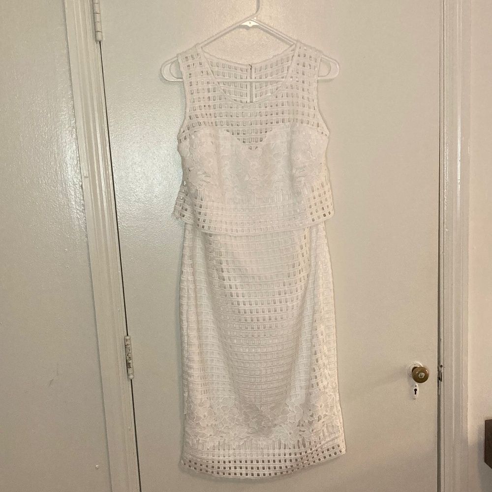 Guess Mesh White Midi Cocktail Dress with Floral Embroidery